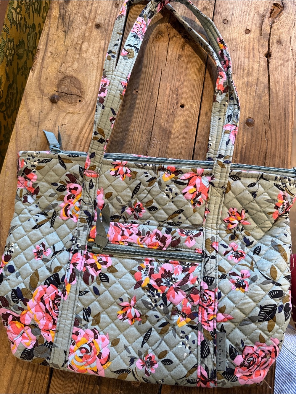 Vera Bradley Quilted Tote in Sage Green with Pink Floral Print